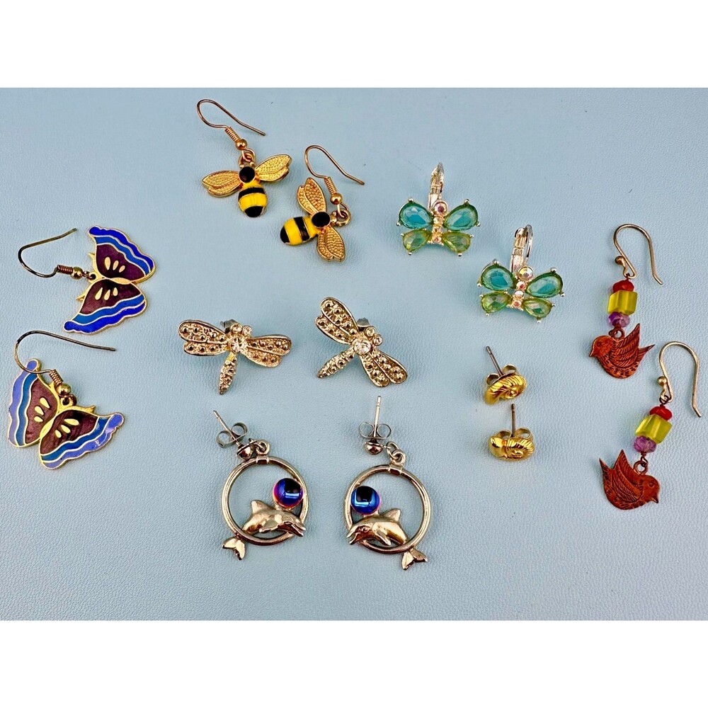 Vintage Animal Insect Earrings Lot Pierced Dangle Stud Enamel Glass Crystal